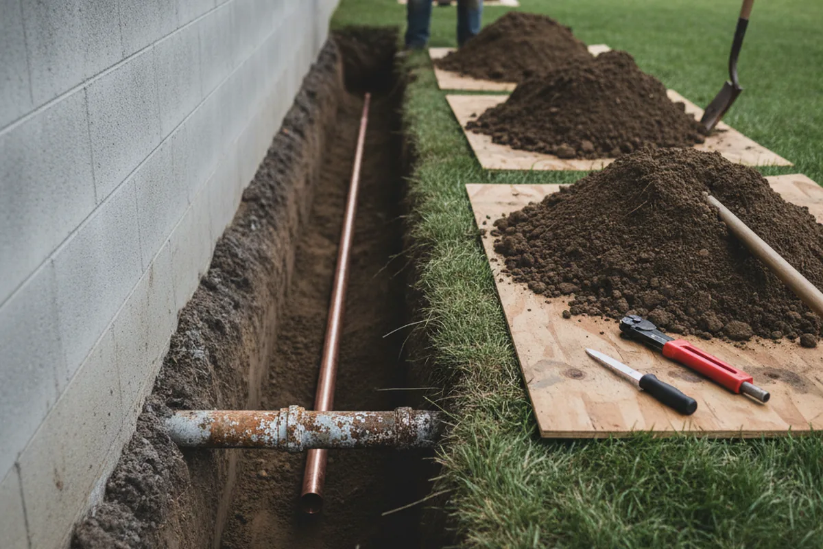 Excavated water line trench during Water Heater Repair in Center Junction